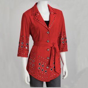 Red Studded Tie-Waist Button-Up